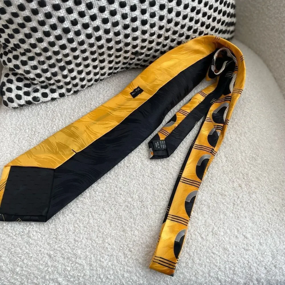 Vintage Mod Retro Silk Handmade in Korea Tie Black Gold Yellow